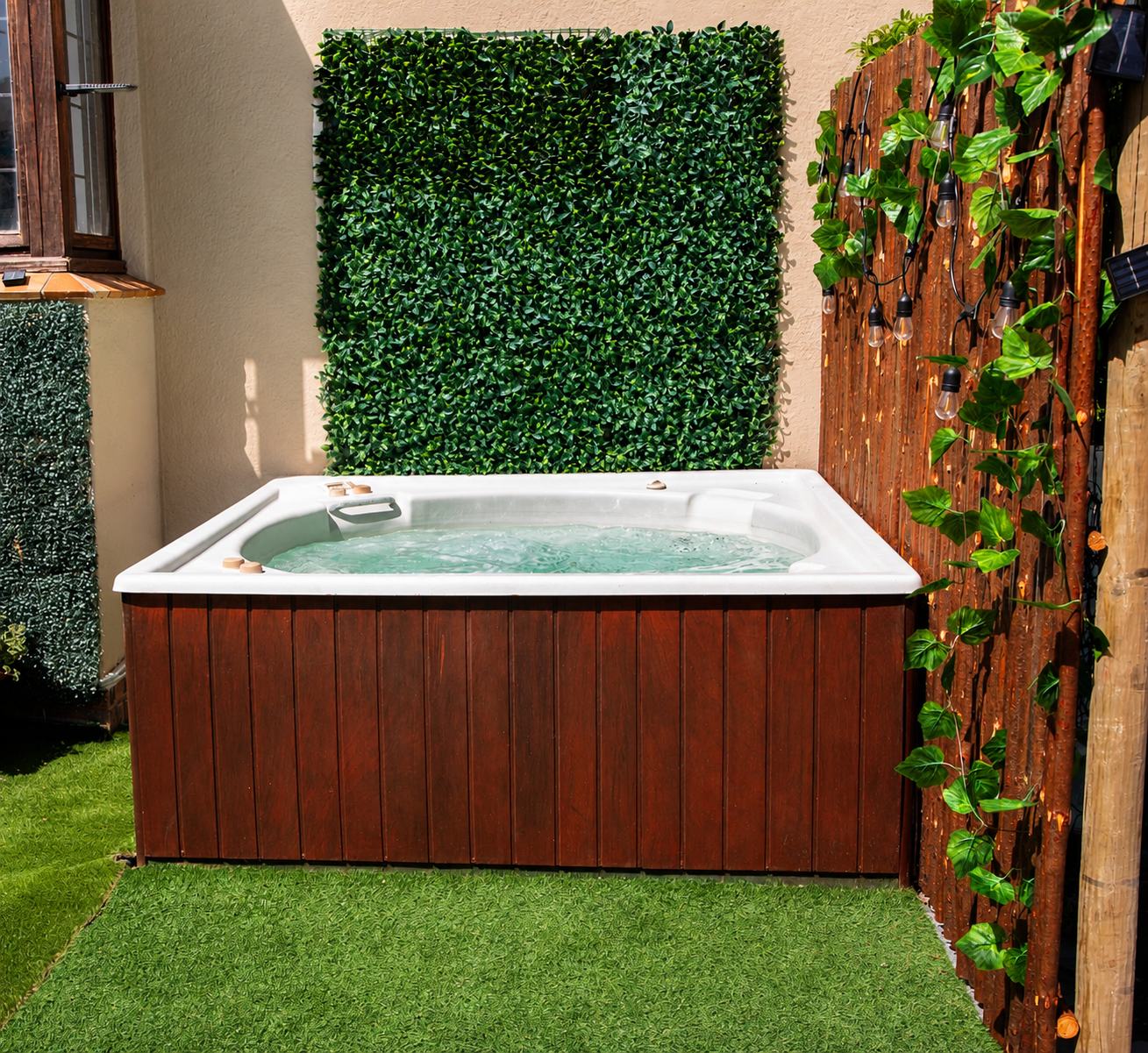 Private jacuzzi with hedge wall and string lights