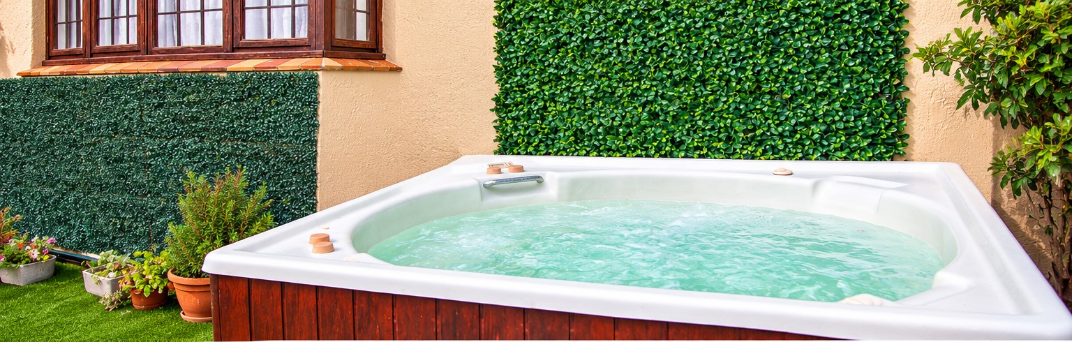 Jacuzzi nook with green hedge backdrop